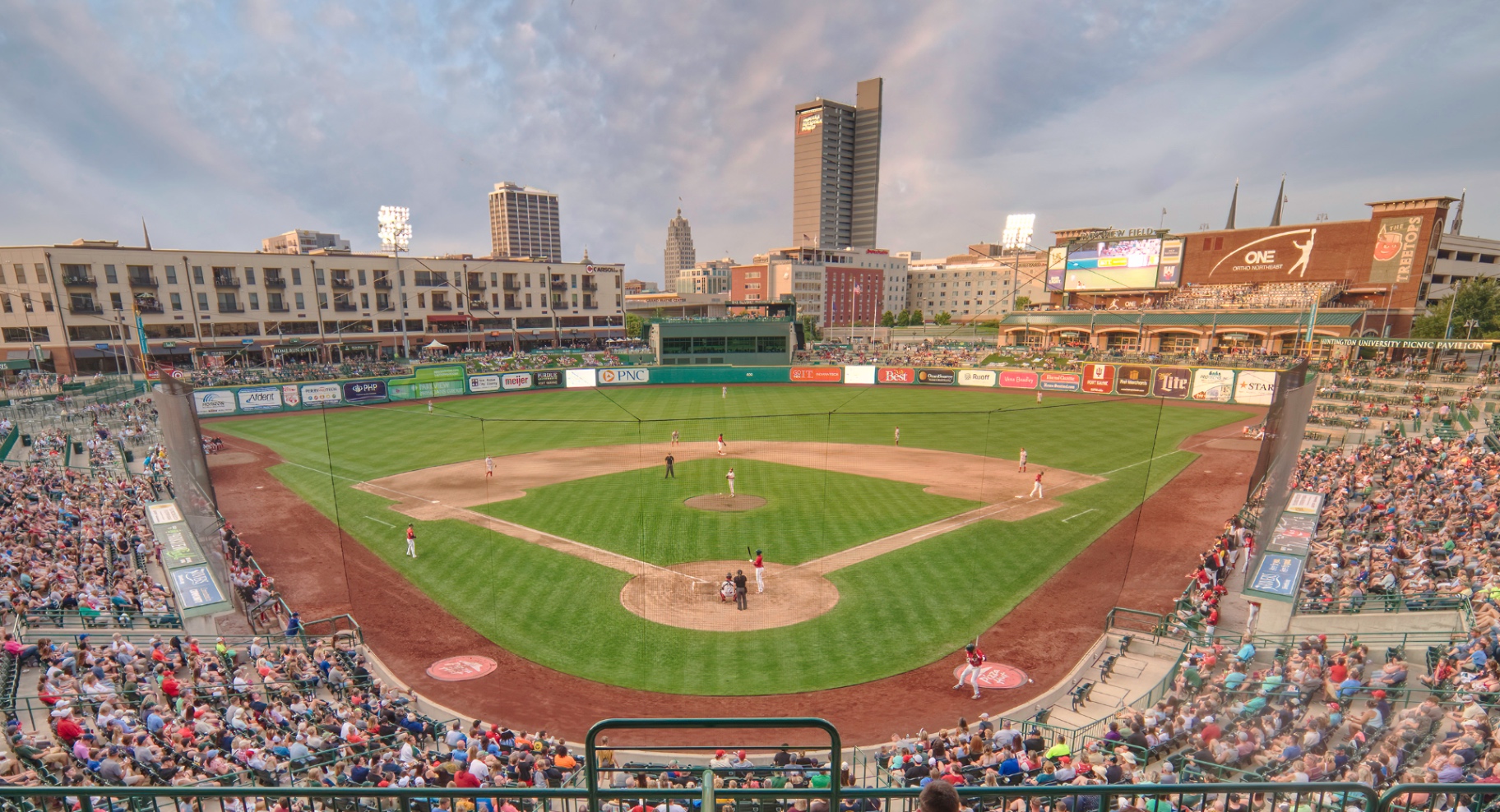 Parkview Field baseball stadium with downtown Fort Wayne skyline