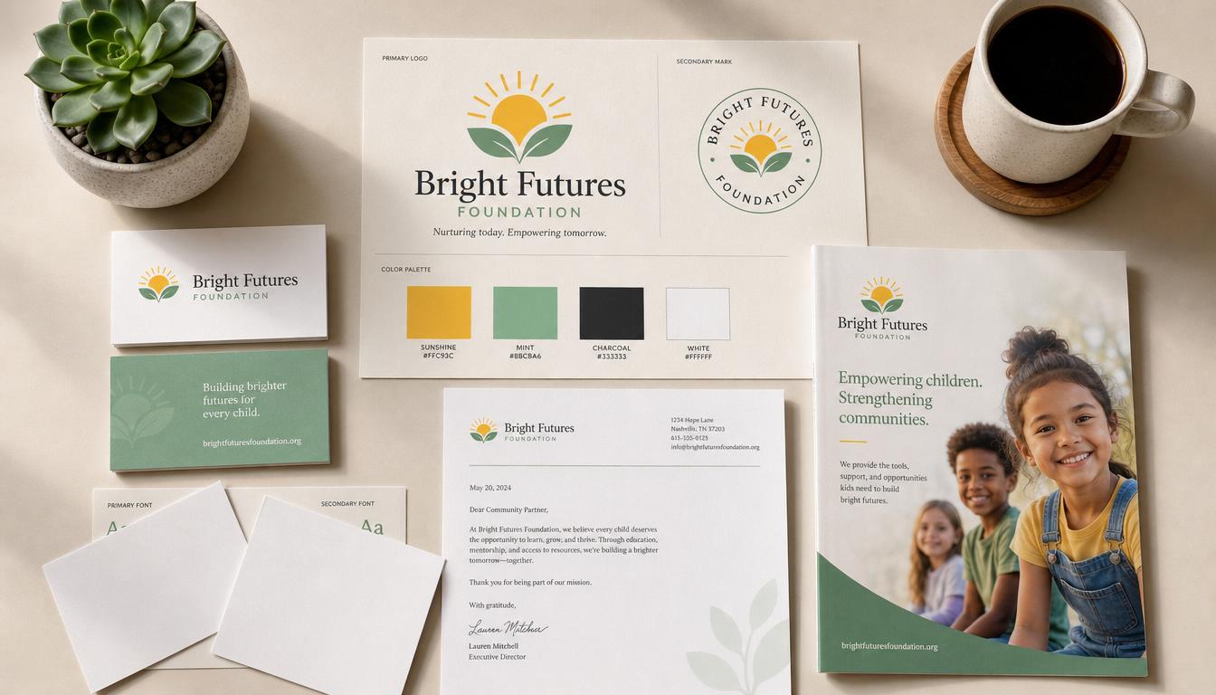 Brand identity board with nonprofit materials